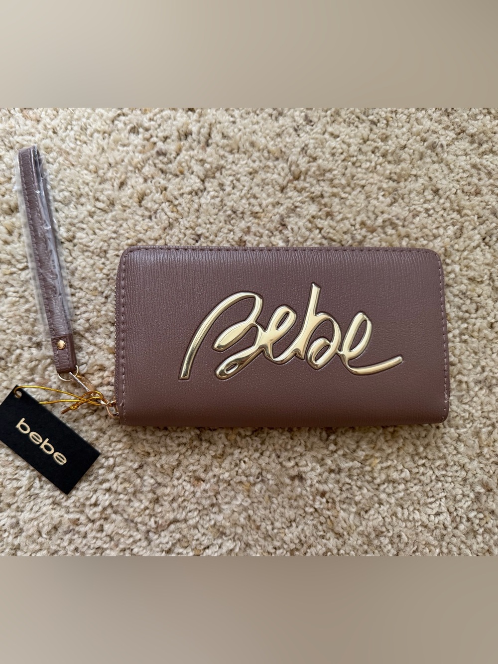 bebe Brown Clutch Wallet with Gold Signature Logo
